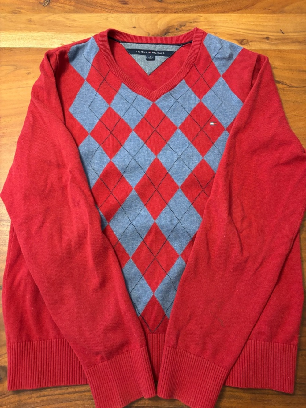 Tommy Hilfiger Red Sweater with Blue Argyle V-Neck.Size medium. 100% cotton
